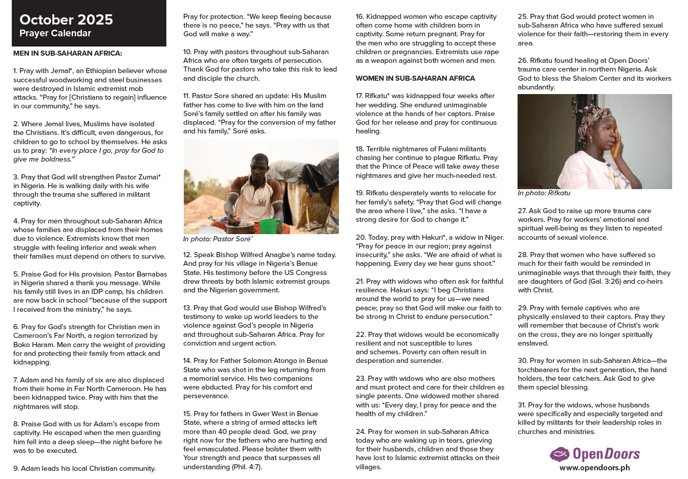 2025 October - November Prayer Calendar